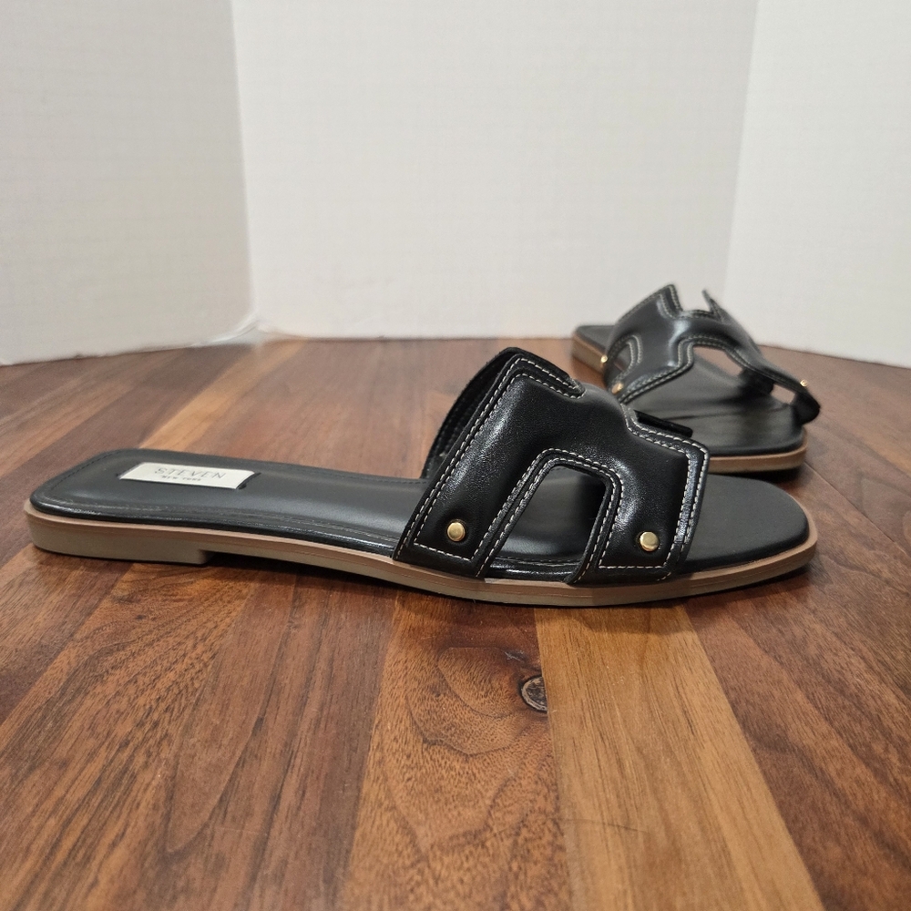 Steven Harlien Black Slide Sandals with Gold Accents Square Toe Slip On Size 11